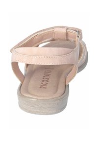Růžové semišové sandály na otevřenou špičku s nastavitelným páskem kolem kotníku a polstrovanou podrážkou, béžová gumová podrážka, značka na stélce.
