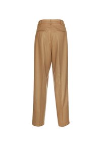 Pantaloni di un marrone chiaro con righe sottili, dal taglio dritto e due tasche posteriori, che mettono in risalto il tessuto strutturato e il design della vita sartoriale.