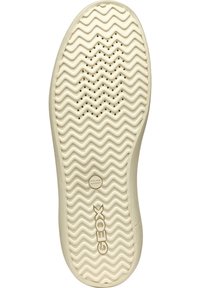 Semelle en caoutchouc de couleur crème avec un motif ondulé et des trous de ventilation, avec "GEOX" et "PATENT ITALIEN" embossés à la surface.