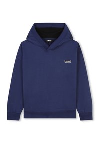 Sudadera azul marino hecha de un tejido suave, con un gran bolsillo frontal, puños de canalé y un parche del logo de DKNY en el pecho. Cuenta con una capucha amplia con cordón.