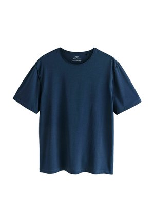 Navy blue, short-sleeve crew neck T-shirt with regular fit, displayed on a white background.