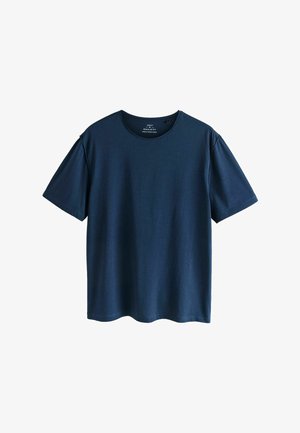 Navy blue, short-sleeve crew neck T-shirt with regular fit, displayed on a white background.
