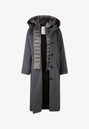 Lang grå hættejakke i uld med knaplukning over et inderlag med lynlås og polstring i en mørkere grå nuance.