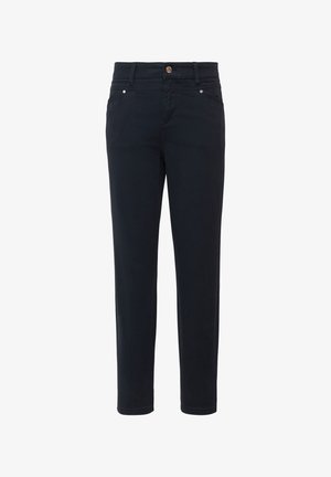 Marineblauwe katoenen broek met een rechte pijp, voorzakken en een enkele knoopsluiting. Gladde textuur en minimale details.