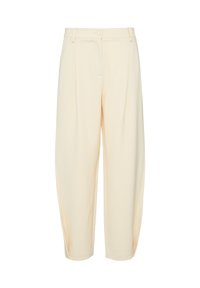 Pantalon couleur crème avec une coupe décontractée et fuselée, des plis sur le devant et des poches latérales. Texture lisse avec une taille élastique.