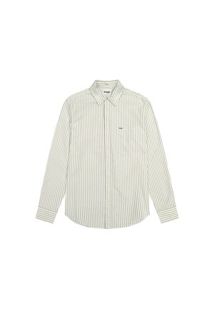 Långärmad skjorta i vitt med tunna gröna och röda vertikala ränder. Har krage och en enkel bröstficka.