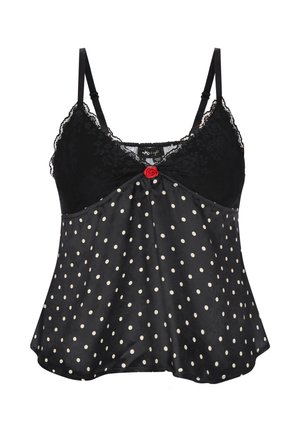 Sort satin camisole med hvide polkaprikker, blondekant på brystet, justerbare stropper og en lille rød rosedekoration midt foran.