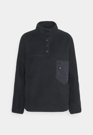 Black fleece pullover with a high collar, four-button placket, and left chest zip pocket. Features contrast stitching and a soft texture.