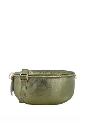 Small metallic green fanny pack with gold zipper and adjustable strap with buckle, shown from front on white background.