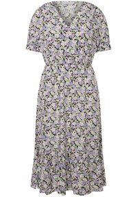 Robe midi manches courtes avec col en V et taille élastiquée, avec une base noire et un motif floral dense violet clair, blanc et vert.