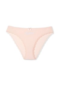 Mutande in cotone rosa con accenti in pizzo lungo i bordi, caratterizzate da un piccolo fiocchetto e la parola "Confidence" ricamata in bianco.