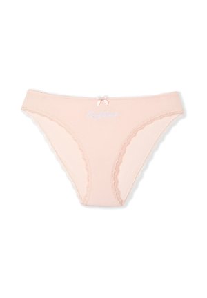 Rosa Baumwollunterwäsche mit Spitzenakzenten entlang der Kanten, ausgestattet mit einem kleinen Schleifchen und dem Wort "Selbstvertrauen" in Weiß gestickt.