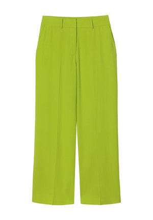 Green wide-leg trousers made from lightweight fabric, featuring a flat front, two side pockets, and a smooth texture.