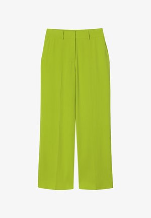 Green wide-leg trousers made from lightweight fabric, featuring a flat front, two side pockets, and a smooth texture.
