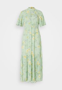 Maxikleid aus hellgrünem Stoff mit kurzen, schwingenden Ärmeln, gerafftem Bund und einem gestuften Rüschensaum mit gelben und lila Blumen.