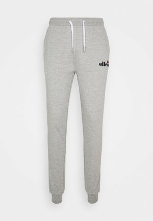 Graue Sweatpants aus weichem Stoff, mit einem Kordelzug-Bund, gerippten Bündchen und einem Logo auf der linken Seite.
