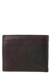 Portafoglio in pelle marrone scuro con superficie texture, forma rettangolare e cuciture visibili lungo i bordi. Nessun logo o componente metallico visibile.