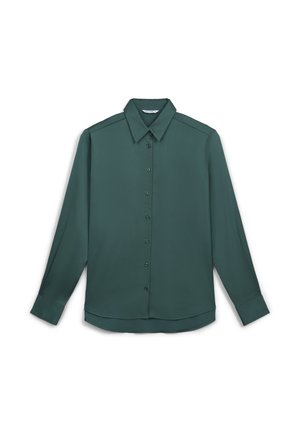 Camicia a maniche lunghe di colore verde scuro, con bottoni, colletto e polsini, presentata piatta su uno sfondo bianco.