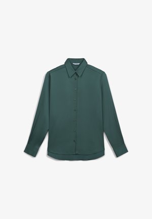 Camicia a maniche lunghe di colore verde scuro, con bottoni, colletto e polsini, presentata piatta su uno sfondo bianco.