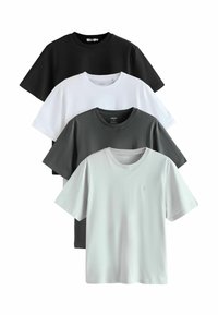 Štyri krátke rukávy tričká naskladané. Farby: čierna, biela, antracitová, svetlo šedá. Materiál vyzerá jemne s klasickým dizajnom okrúhleho výstrihu.