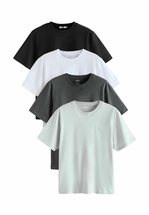 Négy rövid ujjú póló egymásra rakva. Színek: fekete, fehér, sötétszürke, világosszürke. Az anyag lágy hatású, klasszikus kerek nyakkivágással.