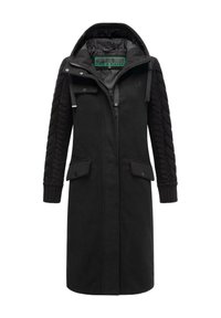 Long black coat with a zip and button closure, featuring textured knitted sleeves and two front pockets. Interior lined for insulation.
