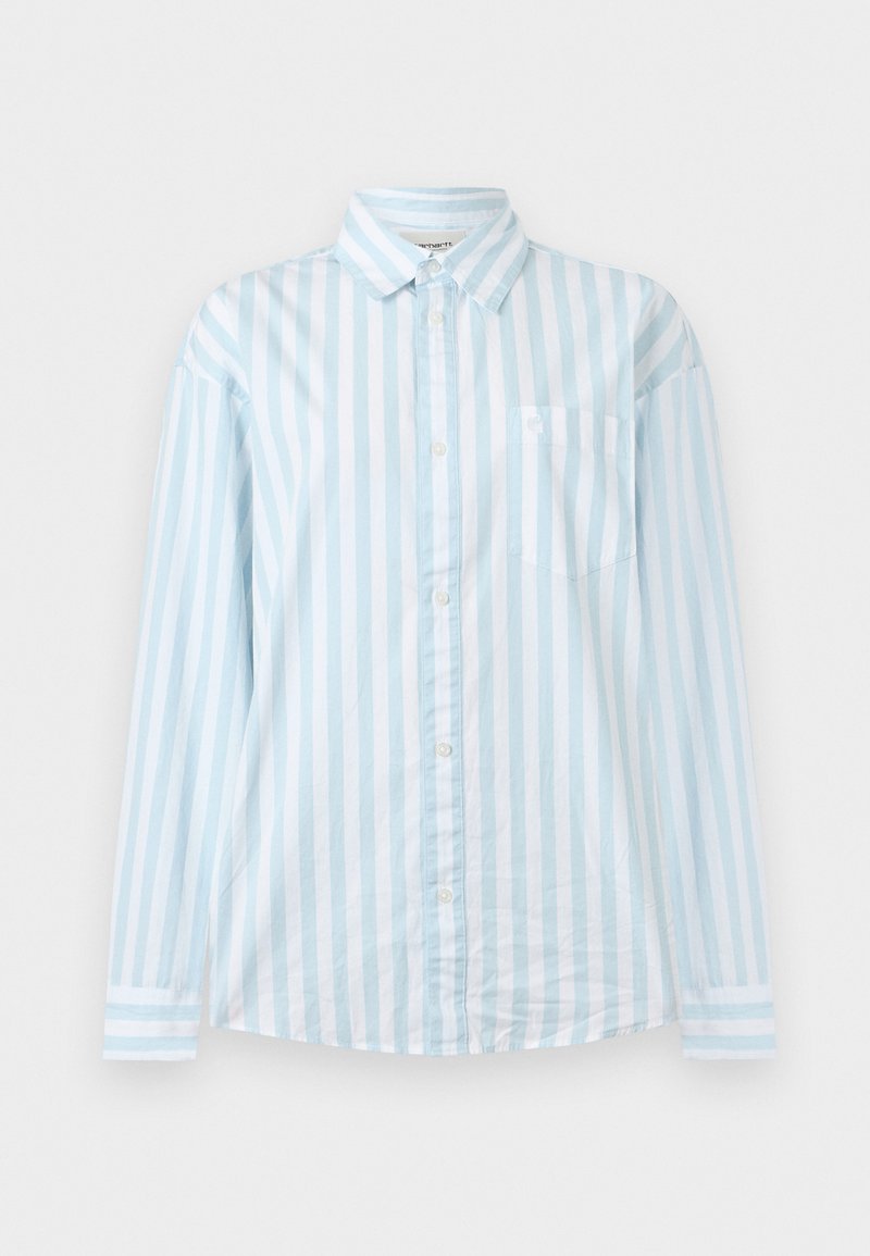 Camicia a maniche lunghe con bottoni, a righe verticali azzurro chiaro e bianco, con taschino sul petto e colletto classico.