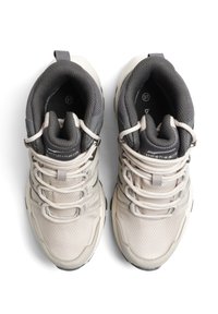 Beige och grå vandringsskor med mesh och syntetiskt överdel, vadderad krage, snörning och logodetaljer på tungan, storlek 37.