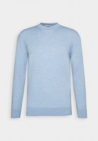 Pull léger bleu en tricot doux, avec un col rond et des manches longues, doté d'un ourlet et de poignets côtelés. Pas de motifs ni d'accents.