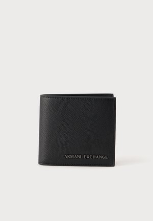 Черен текстуриран портфейл тип бифолд Armani Exchange със сребристо лого, показан на изчистен светъл фон.
