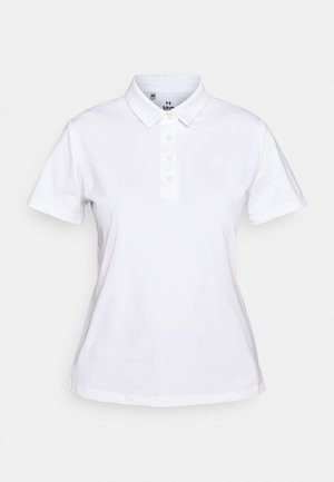 White polo shirt made of cotton, featuring a collar, short sleeves, and three-button placket with light-colored buttons.