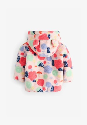 Mehak otroški flis jopič s svetlo roza osnovo, večbarvnimi abstraktnimi oblikami, kapuco in majhnimi tkaninskimi ušesi na vrhu kape.