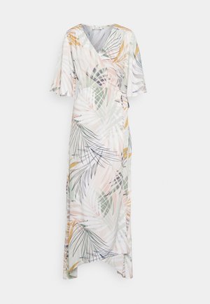 Kukkakuosiset kietaisupuvut lyhyillä hihoilla, joissa on kevyet, lipuvat kankaat pastellisävyissä vihreiden ja ruskeiden lehtikuvioiden kanssa. Korkea halkio.