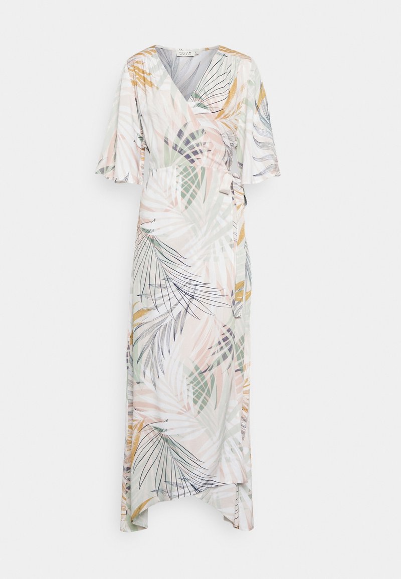 Květinové šaty s krátkým rukávem, vyrobené z lehké, splývavé tkaniny v pastelových barvách s vzory zelených a hnědých listů. Vysoký rozparek.