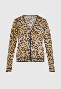 Cárdigan de estampado de leopardo en beige y negro, con escote en V, mangas largas, cierre de botones y ribetes negros en contraste.