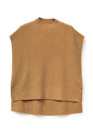 Pullover marrone lavorato a maglia con un alto colletto a coste, vestibilità ampia e fessure laterali. La texture varia tra sezioni a coste e sezioni lisce.