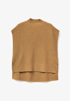 Brązowy sweter dzianinowy z wysokim prążkowanym dekoltem, luźnym krojem i bocznymi rozcięciami. Tekstura różni się między prążkowanymi a gładkimi sekcjami.