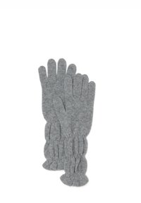 Une paire de gants en laine grise tricotés avec des poignets côtelés, conçus pour la chaleur et le confort.