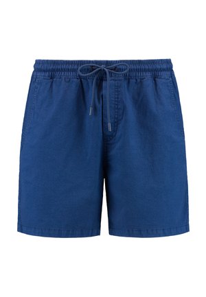 Tumedav sinine puuvillane lühike pükste eest elastne vöökoht, nöör ja küljetaskud. Sirge jala disain sileda tekstuuriga.