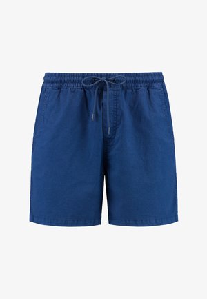 Tumedav sinine puuvillane lühike pükste eest elastne vöökoht, nöör ja küljetaskud. Sirge jala disain sileda tekstuuriga.