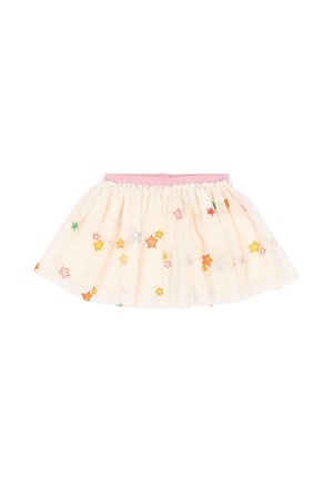 Gonna in tulle color crema con cintura rosa e motivi a stelle multicolori sparsi sul tessuto.