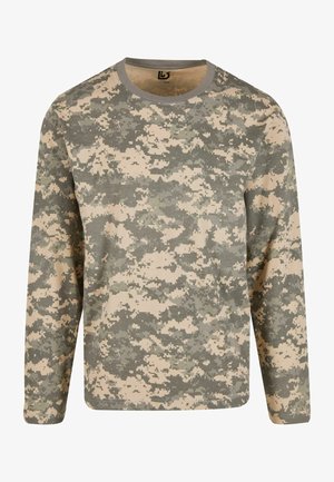 Long-sleeve shirt in a digital camouflage pattern featuring shades of green and beige, with a round neckline and soft texture.