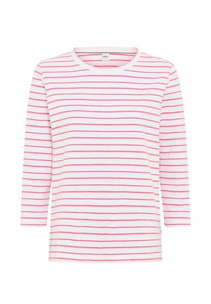 Hvid langærmet skjorte med tynde horisontale lyserøde striber og rund halsudskæring, lagt fladt med ærmerne udstrakt.