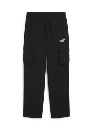 Pantalon cargo Puma noir avec taille élastique et deux grandes poches latérales, dont une avec le logo blanc Puma.
