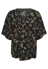 Blusa nera con scollatura a V, maniche a batwing corte e stampa floreale in colori pastello con vari disegni di piante. Tessuto leggero.