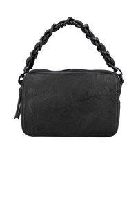 Sac à main rectangulaire noir en cuir texturé, avec une anse tressée et une fermeture zippée sur le dessus.
