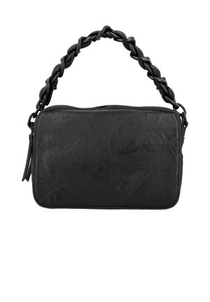 Sac à main rectangulaire noir en cuir texturé, avec une anse tressée et une fermeture zippée sur le dessus.