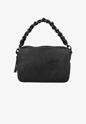 Sac à main rectangulaire noir en cuir texturé, avec une anse tressée et une fermeture zippée sur le dessus.