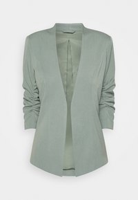 Grön jacka i tunikastil med djup V-hals, rynkade ärmar och slät tyg. Har en minimalistisk design utan synliga knäppningar.