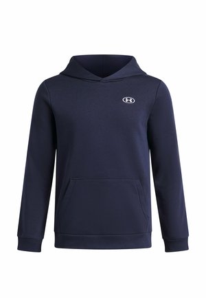 Donkerblauwe hoodie met lange mouwen, een voorvak en een klein wit Under Armour-logo op de borst.